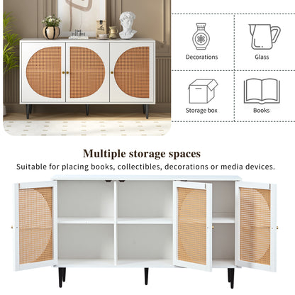 Sideboard mit 3 Rattan verzierten Türen Kommode Highboard mit Metallgriffe, für Schlafzimmer & Wohnräume & Büro, Weiß,129.8x 40x 76cm