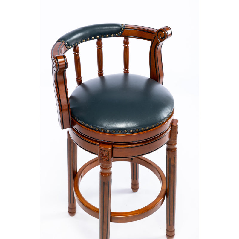Barhocker aus Holz mit Kuhfell-Obermaterial, 360-Grad-Drehstuhl in Barhöhe mit Rückenlehne, Blau+Sitzhöhe 75cm