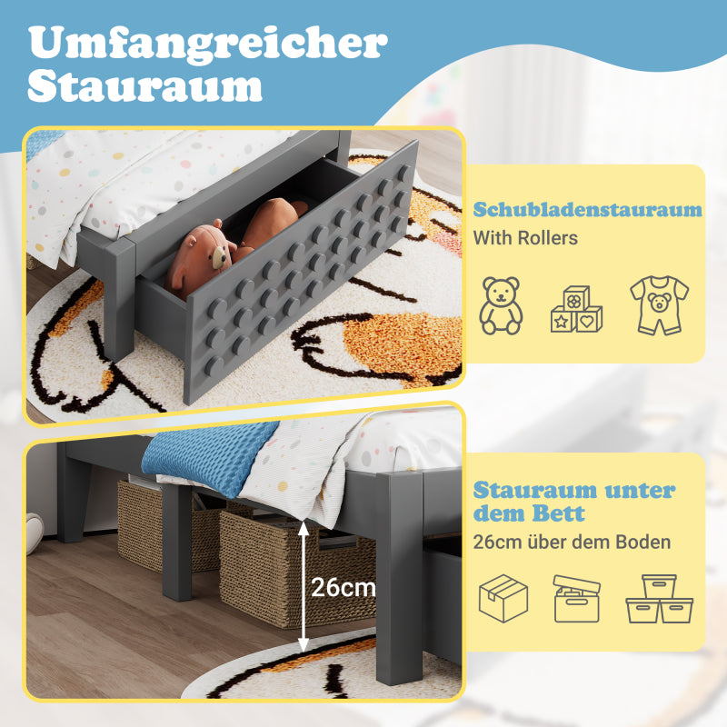 Holzbett Einzelbett 90x200 cm, Kinderbett Jugendbett mit Kreativem Block Design, Massivholz Bettgestell mit Lattenrost, mit Schubladen & Unterm Bett Stauraum, Grau, Ohne Matratze