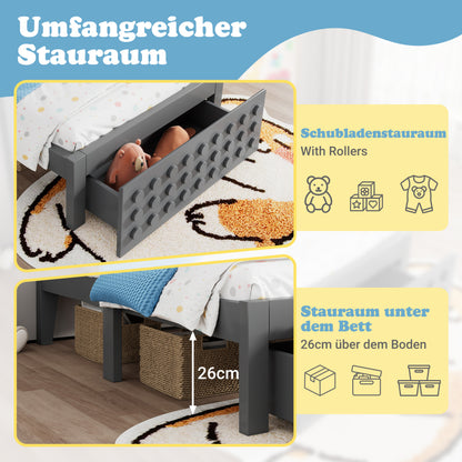 Holzbett Einzelbett 90x200 cm, Kinderbett Jugendbett mit Kreativem Block Design, Massivholz Bettgestell mit Lattenrost, mit Schubladen & Unterm Bett Stauraum, Grau, Ohne Matratze