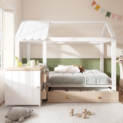 Hausbett Kinderbett 90x200 cm aus Massivholz mit Schubladen & abnehmbarem Nachttisch - Bodenbett in Weiß und Eichenweiß, ohne Matratze