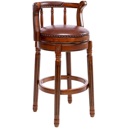 Barhocker aus Holz mit Kuhfell-Obermaterial, 360-Grad-Drehstuhl mit Rückenlehne, Brau + Sitzhöhe 65cm