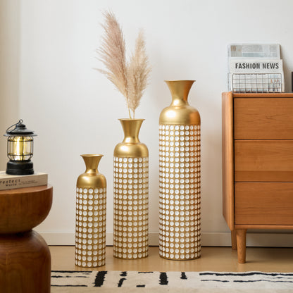 Bodenvase 3er Set Gold, Metallvase Punkte, Vintage Dekovase 83 cm, Übertöpfe groß, Standvase Gold