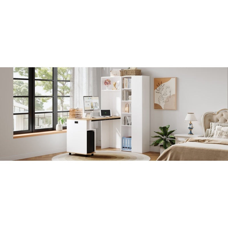 Klappbarer Schreibtisch mit Ablagen –2-in-1-Bücherregal und Schreibtisch, klappbar, mit Steckdose und USB-Anschluss, Kippschutz, weiß