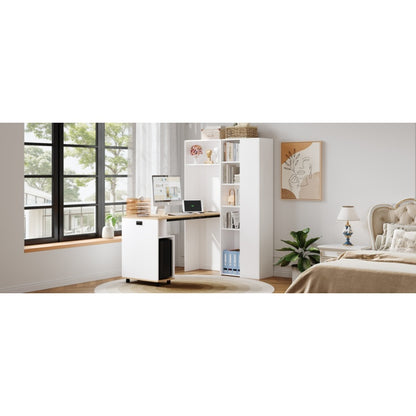 Klappbarer Schreibtisch mit Ablagen –2-in-1-Bücherregal und Schreibtisch, klappbar, mit Steckdose und USB-Anschluss, Kippschutz, weiß