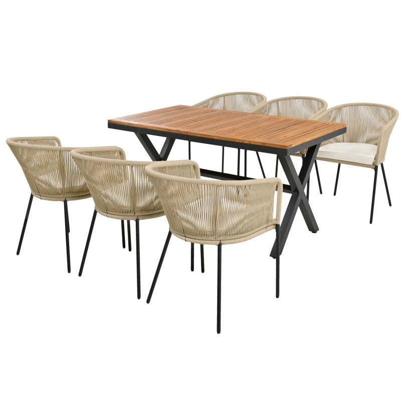 Garten-Essgruppe, 7-tlg, Garten-Lounge-Set aus Seil, 6 Sessel und 1 Tisch, Tisch aus Akazienholz, Mit Fußpolstern und sechs Sitzkissen, abnehmbar und waschbar