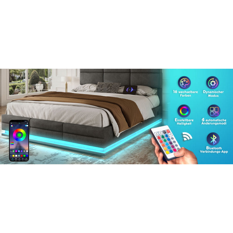 160 x 200 cm Bettgestell aus weichem Samt mit USB Type C Ladefunktion und LED Beleuchtung, Hydrauliksystem Stauraum Bettgestell aus Samtmaterial Jugendbett mit Lattenrost, Grau
