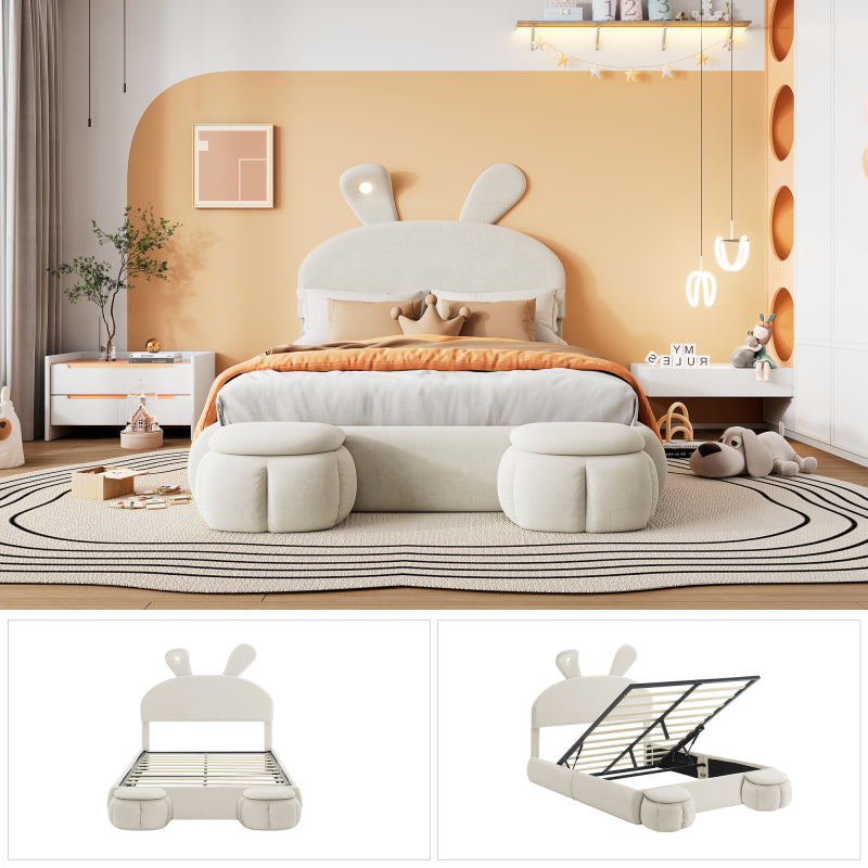 Polsterbett, Doppelbett, hydraulisches Bett, Hasenohren mit einstellbarer Helligkeit warmfarbenen Lichtstreifen, Stauraum unter dem Bett, zwei Aufbewahrungshockern, Samt, Beige, 140x200cm