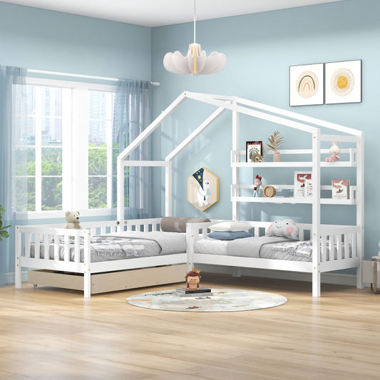 Kinderbett Hausbett mit Schubladen und Regalen, Massivholz mit Zaun und Lattenrost, L-Struktur, Weiß (90x200 cm+140x70cm)