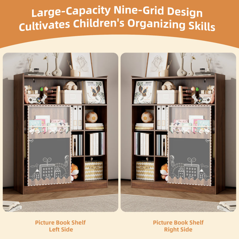 Bücherregal mit Tafel, Schiebetüren & Bilderbuch Ablage, Offenes 9-Fach Regal mit großem Stauraum, 120x38.5x151.5 cm, Nussbaumfarben