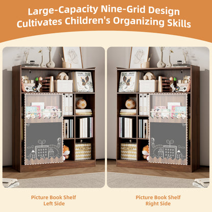 Bücherregal mit Tafel, Schiebetüren & Bilderbuch Ablage, Offenes 9-Fach Regal mit großem Stauraum, 120x38.5x151.5 cm, Nussbaumfarben