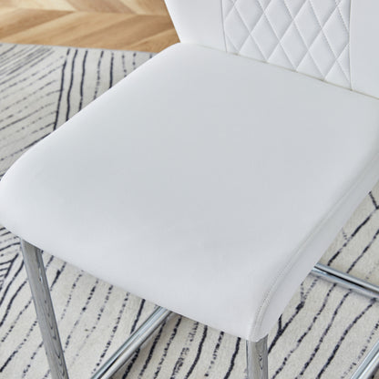 Nordischer Stil weißer PU Stuhl (vier Säcke in einem Paket) - Rückenlehne mit diamantförmigem Gitternähtdesign, glänzende silberne Metallbeine