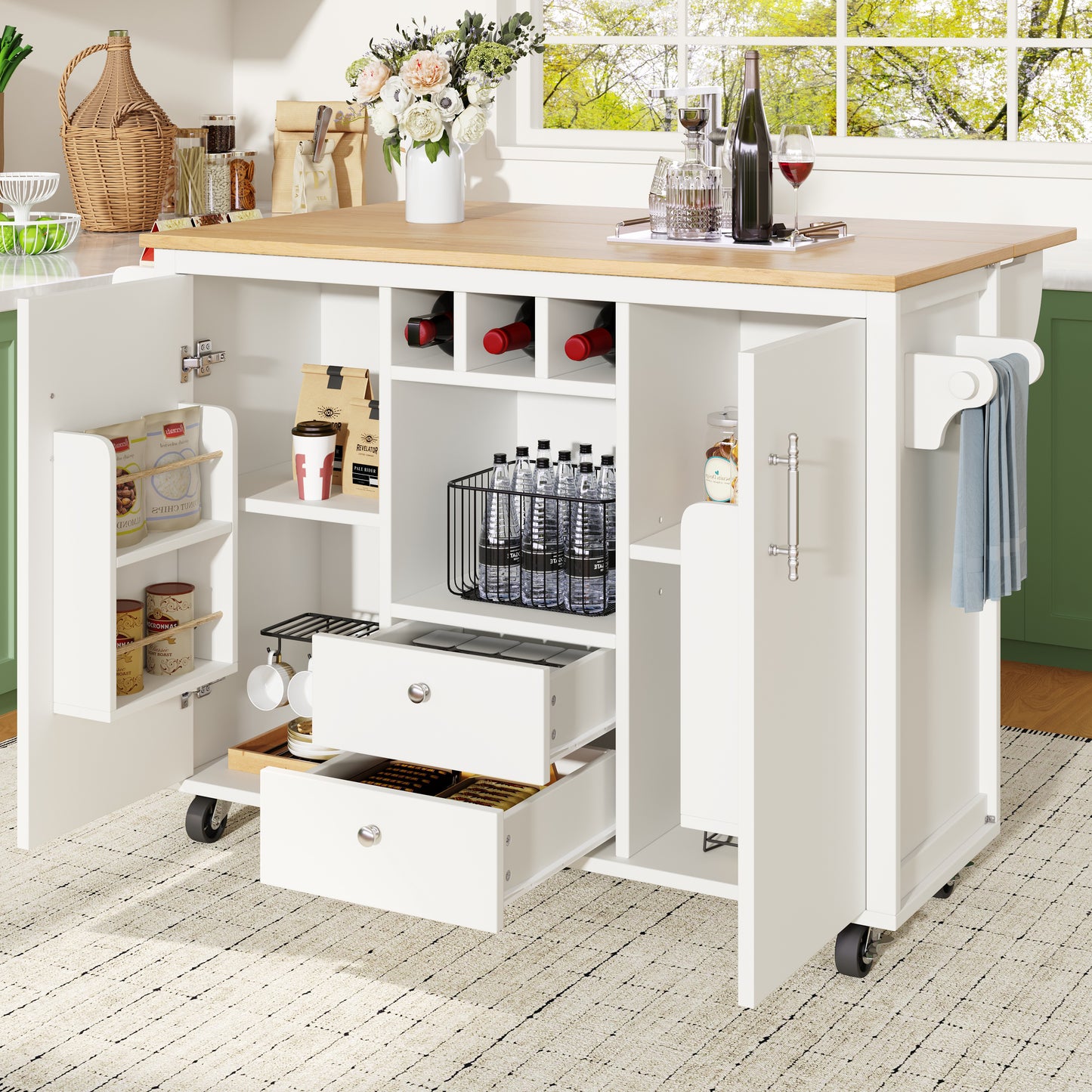 Kücheninsel Buffetschrank 120x73x92cm Küchenwagen mit klappbarer Arbeitsplatte Gewürzregal Weinregal und verstellbaren Ablagen Weiß