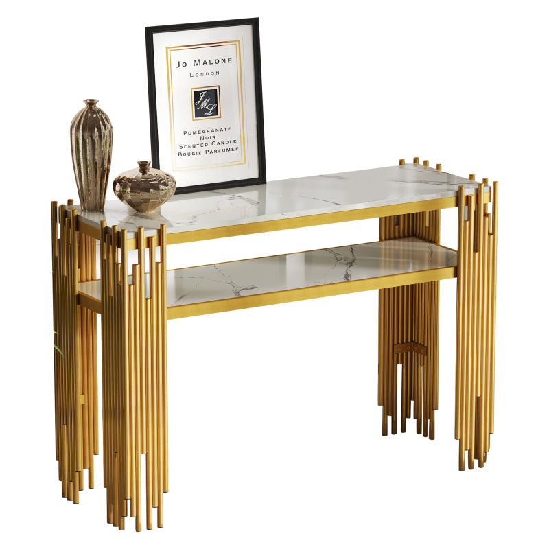Mid-Century Modern Wohnzimmer Beistelltisch, Konsolentisch, weißer Korpus mit goldenen Beinen, doppellagiges MDF, belastbar bis 40 kg