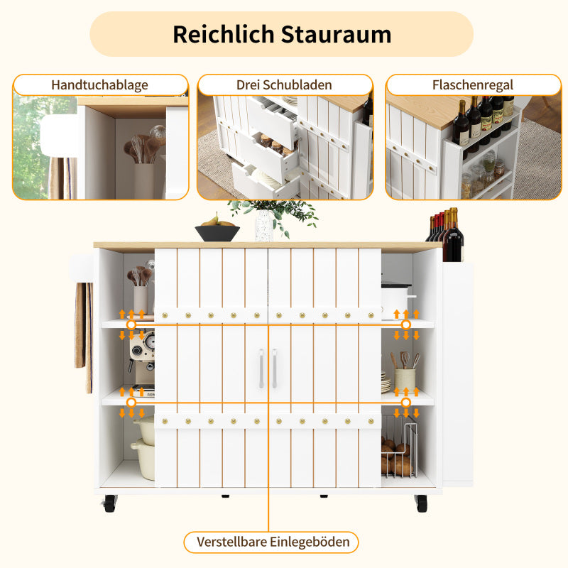 Küchenschrank, Servierwagen mit Holzmaserung, Küchenwagen mit rollen und arbeitsplatte, Küchenwagen mit Gewürzregal und Handtuchhalter, Kücheninsel mit Schiebetüren und Schubladen, weiß