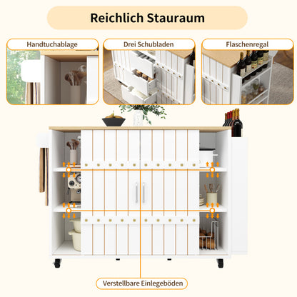 Küchenschrank, Servierwagen mit Holzmaserung, Küchenwagen mit rollen und arbeitsplatte, Küchenwagen mit Gewürzregal und Handtuchhalter, Kücheninsel mit Schiebetüren und Schubladen, weiß