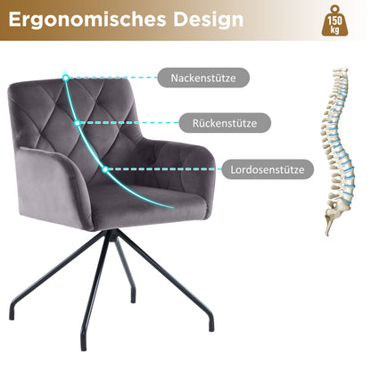 2er Set Esszimmerstühle mit Rautenmuster, Gepolsterter Sessel mit 4 Metallbeinen, Samt, grau