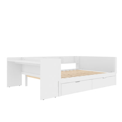 Flachbett, Holzbett, 140x200cm, mit Schreibtisch, ausgestattet mit 2 Schubladen, Doppelbett(Ohne Matratze), mit Regalen, Kiefer + Spanplatte, weiß
