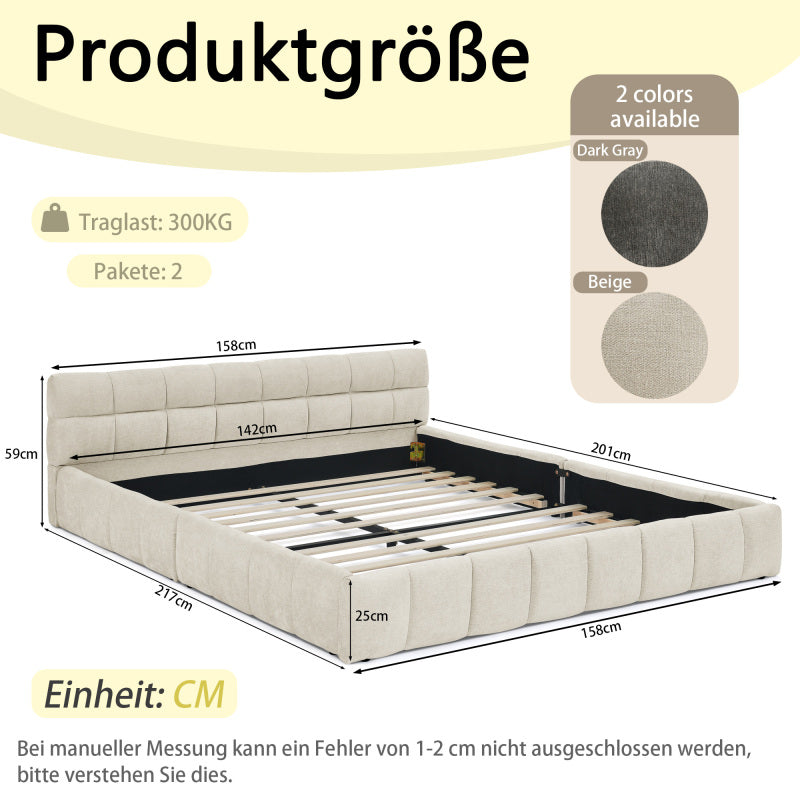 Doppelbett 140x200 cm, Bett mit seidig weichem Chenille - Bezug, quadratischem Steppdesign, Beige (ohne Matratze)
