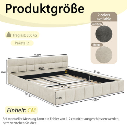 Doppelbett 140x200 cm, Bett mit seidig weichem Chenille - Bezug, quadratischem Steppdesign, Beige (ohne Matratze)