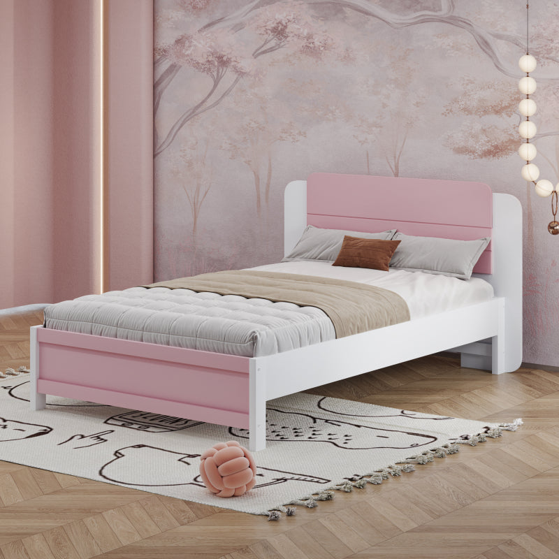 Holzbett 90*200 cm , Einzigartige und Minimalistische Form, Kopfteil mit Liniendesign, Kindereinzelbett, Rosa