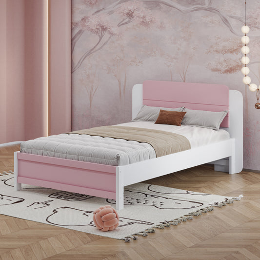 Holzbett 90*200 cm , Einzigartige und Minimalistische Form, Kopfteil mit Liniendesign, Kindereinzelbett, Rosa