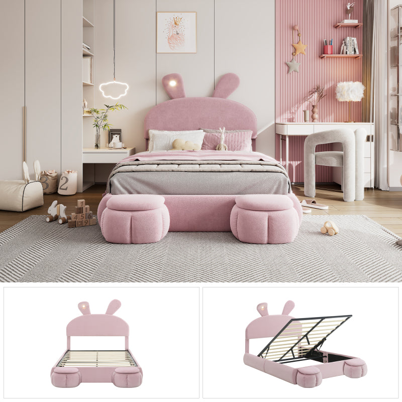 Polsterbett, Doppelbett, hydraulisches Bett, Hasenohren mit einstellbarer Helligkeit warmfarbenen Lichtstreifen, Stauraum unter dem Bett, zwei Aufbewahrungshockern, Samt, Rosa, 140x200cm