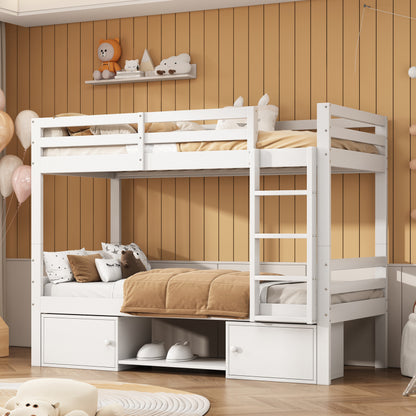 Etagenbett für Kinder, Kinderbett mit Schuhregale und Schließfächer, Bett aufgeteilt in 2 Einzelbetten, Jugendbett, Einzelbett, Weiß, 90x200cm.
