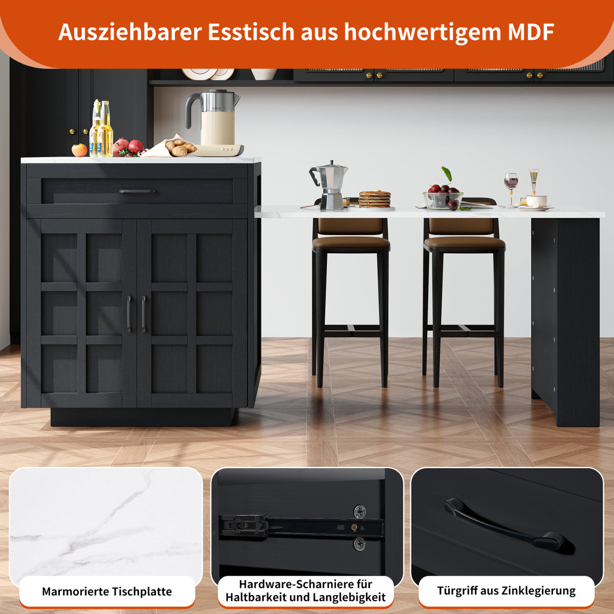 Bartisch ausziehbar 133-202cm, Kücheninsel mit Marmor-Optik & Stauraum, Esstisch für 2-6 Personen, Küchenwagen mit Schubladen & Regalen, Schwarz