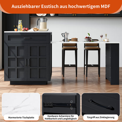 Bartisch ausziehbar 133-202cm, Kücheninsel mit Marmor-Optik & Stauraum, Esstisch für 2-6 Personen, Küchenwagen mit Schubladen & Regalen, Schwarz