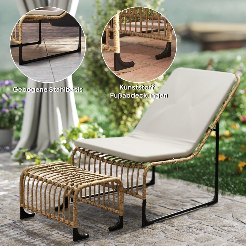 Rattan Relaxsessel mit Fußhocker, Outdoor Rattanstuhl Gartenstuhl für Garten, Balkon, Terrasse, Naturholz