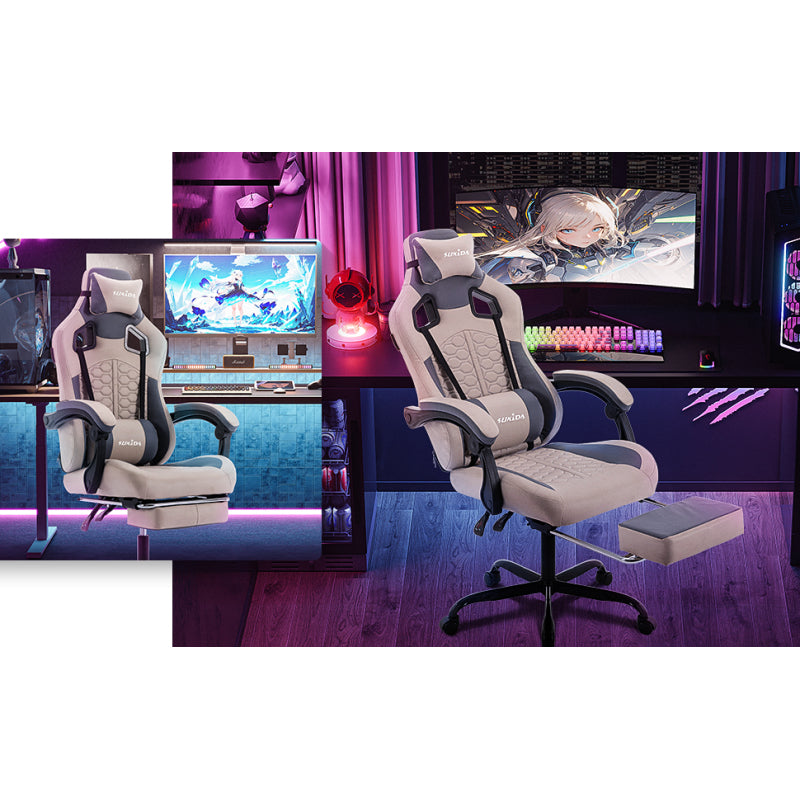Gaming Stuhl, Ergonomischer Gaming-Stuhl mit Fußstütze, Racing Gaming Chair Kopfstütze Verstellbarer Computerstuhl Höhenverstellbar Lendenwirbelstütze für Homeoffice und Gaming Beige