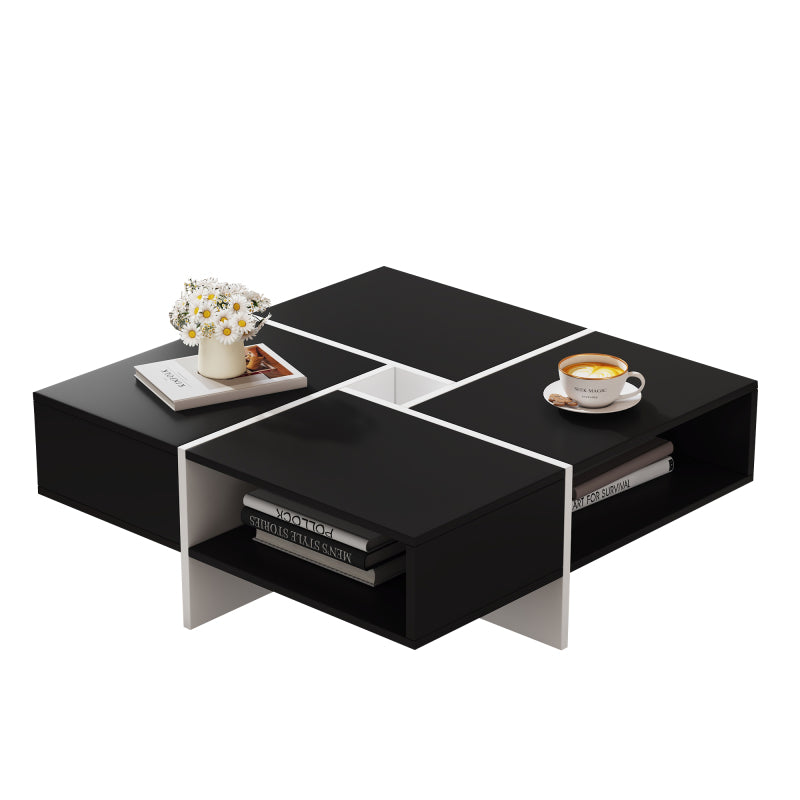 Moderner quadratischer Couchtisch 70x70x35cm - Schwarz-weißes Design, 5 offene Fächer, mittleres Ablagefach 10x10cm, Belastbarkeit 30KG, schwarzer quadratischer Couchtisch