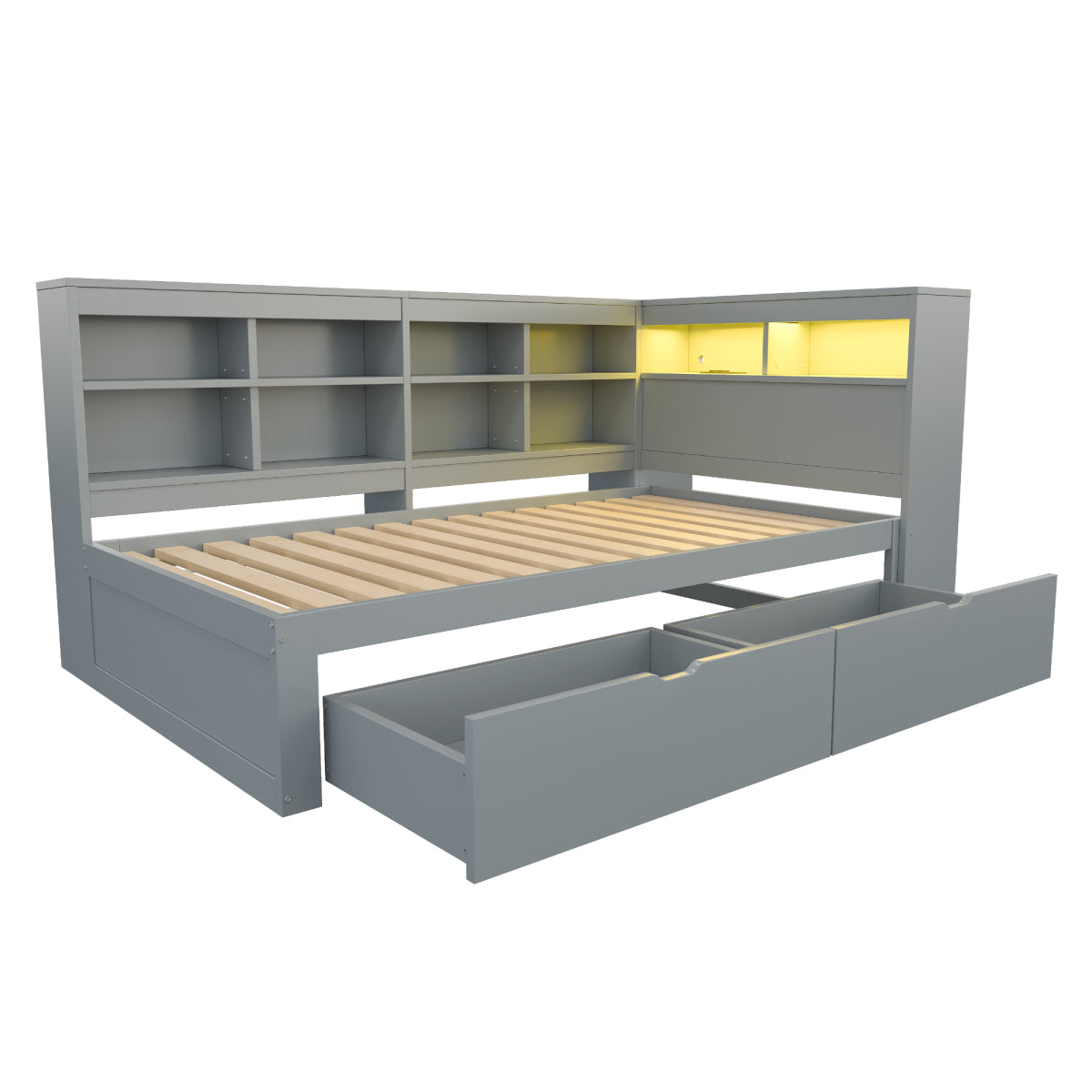 Massivholz-Einzelbett 90x200 Weiß mit LED & USB-Steckdose - Multifunktionales Schlafsofa mit Regalen, Ablagefächern & viel Stauraum, Grau
