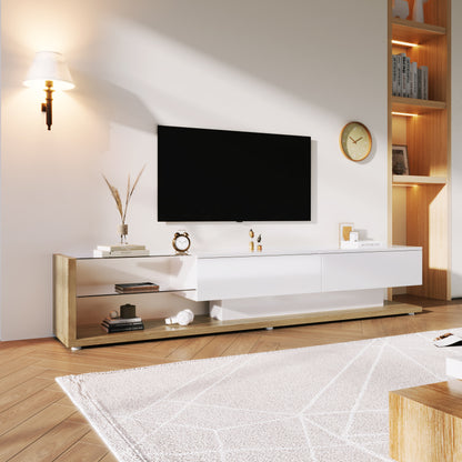 TV-Schränke, Lowboards, Kombination aus Hochglanzweiß und Holzfarben. Glastrennwände und variable LED-Beleuchtung. Es kombiniert natürlichen Landhausstil mit modernem Design.
