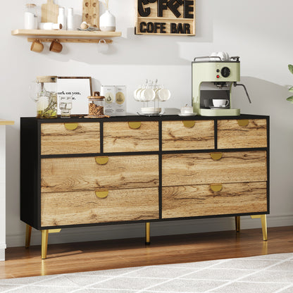 L150*W40*H78cm, Moderne Sideboard mit 8 Schubladen, Schwarz & Holzfarben, Minimalistisches Design, Goldene Metallgriff, Metallfüße, für Wohnzimmer und Esszimmer