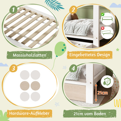 Hausbett Kinderbett 90x200 cm aus Massivholz mit Schubladen & abnehmbarem Nachttisch - Bodenbett in Weiß und Eichenweiß, ohne Matratze
