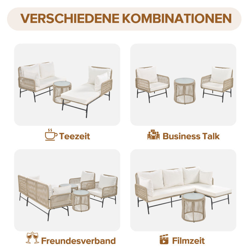 Gartenlounge-Set, Gartenmöbel-Set, Mit Eisenrahmen und beigem Seil, Gartenmöbel aus gewebtem Seil für den Außenbereich, Beige, Zwei Sessel, zwei 2-Sitzer-Sofas und zwei Tische (alle Kissen inklusive)