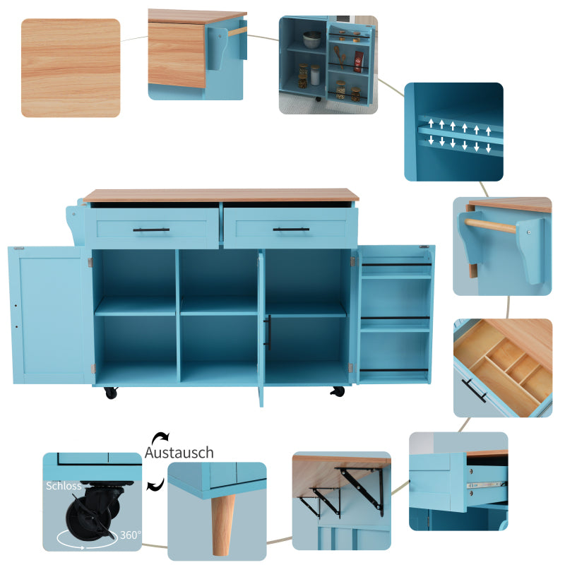 129x46(71)x91,5 cm großer Speisewagen/Sideboard, Arbeitsplatte mit Massivholzmaserung + blauer Schrank/faltbare Arbeitsplatte/Aufbewahrungstür-Design/Räder/Massivholzfüße umschaltbar/für Zuhause geeig