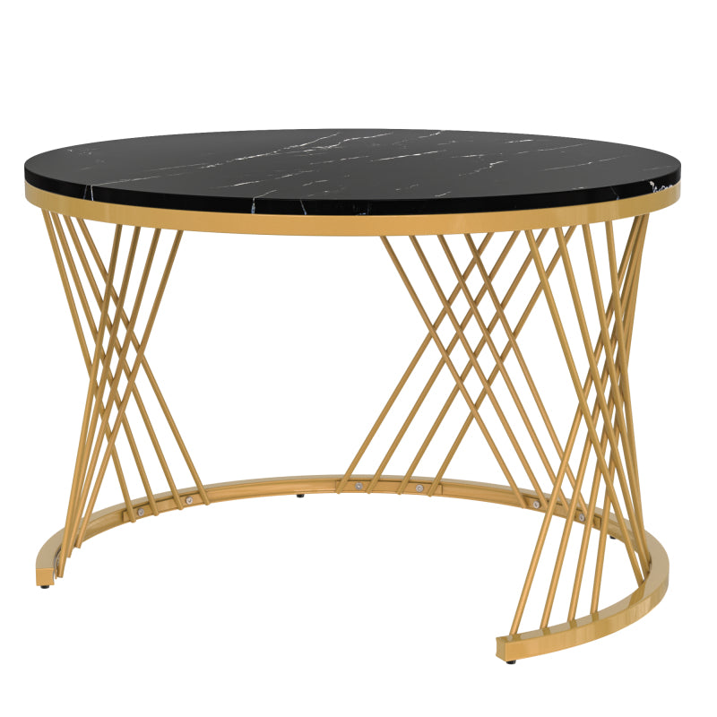 2 in 1 Runder Couchtisch aus MDF, Beistelltisch mit Tischplatte aus Marmor und Schubladen aus Kunststoff-Rattan, Griffe aus Massivholz. goldene Eisenfüße. 70*70*45,5+50*50*38,5cm