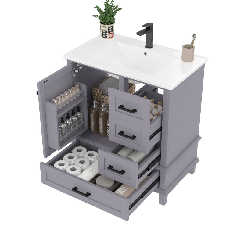 Bodenstehender Badezimmerschrank mit Waschbecken, Waschtisch, komplett lackiert, Türregal, drei geräuschlose Schubladen, integriertes Keramikwaschbecken, Grau