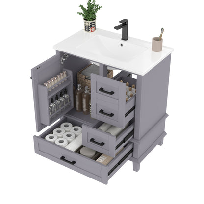 Bodenstehender Badezimmerschrank mit Waschbecken, Waschtisch, komplett lackiert, Türregal, drei geräuschlose Schubladen, integriertes Keramikwaschbecken, Grau