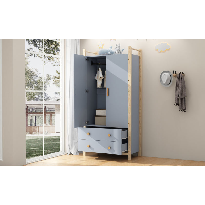 2-türiger Kleiderschrank, Kleiderschrank mit Kleiderstange, für Schlafzimmer, Wohnzimmer, Flurgarderobe geeignet,  blauer Körper + Kieferrahmen