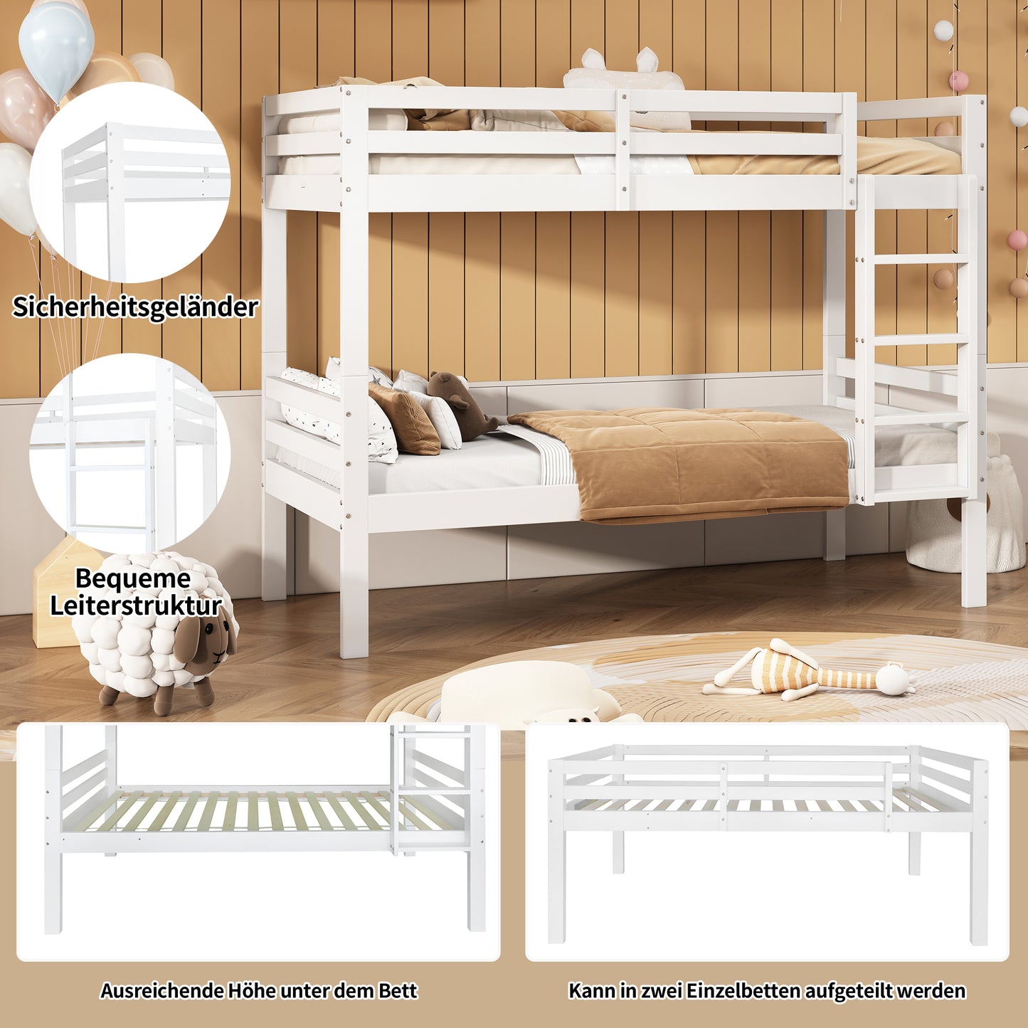 Etagenbett für Kinder, Kinderbett mit dreistufiger Winkelleiter und Absturzsicherung, Bett aufgeteilt in 2 Einzelbetten, Jugendbett, Einzelbett, Rahmen aus Kiefer, Weiß, 90x200cm