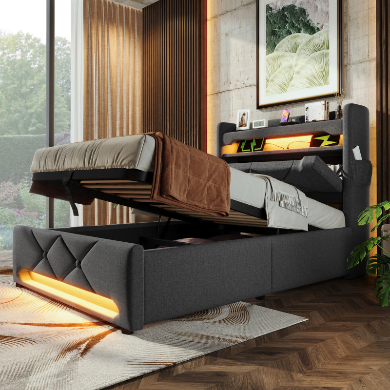 Polsterbett Doppelbett 180*200, Stauraum Kopfteil mit USB und Typ C-Port ,360-Surround-LED-Funktion rund um Kopf- und Fußende des, Betten mit Hydraulisch Stauraum, Grau , Leinen(Ohne Matratze)