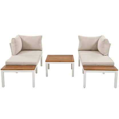 Garten-Loungesessel-Set, Gestell aus verzinktem Stahl, (2x Zweisitzer, 2x Beistelltische, 1x Tisch), Akazienholzplatte, Stoffbezug zur Bespannung der Rückenlehne, beige(previous sku:HW00005AAW)