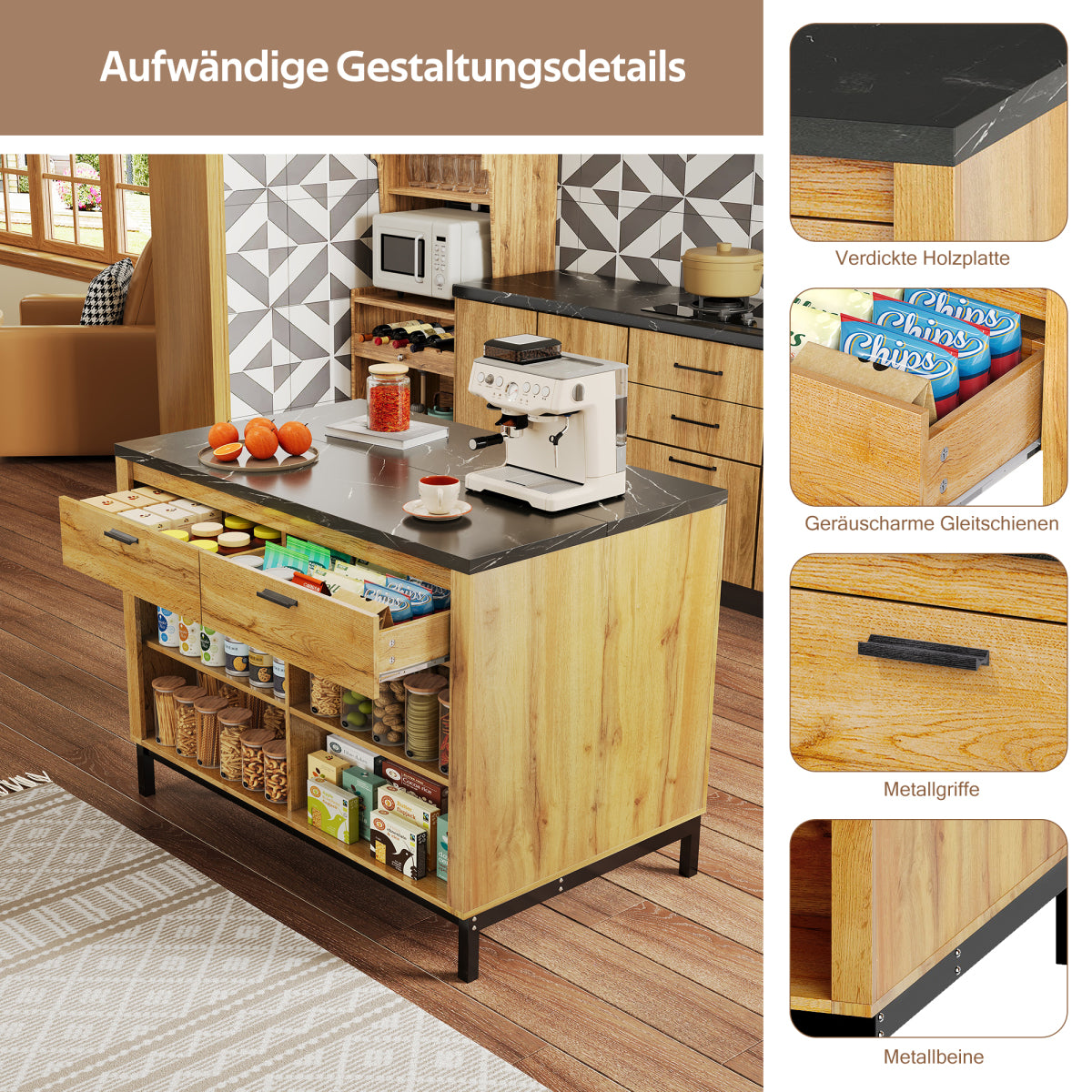 Kücheninsel 120x75 cm (Eiche & Marmor-Optik), Küchentheke mit Sitzplatz, 2 Schubladen, Metallgestell