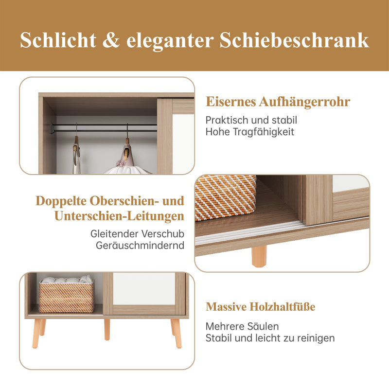 Kinder Kleiderschrank, Schiebetürenschrank mit Kleiderstange, Spanplatten Material, Vollholz-Standfüße, weiß+natürliches Holz