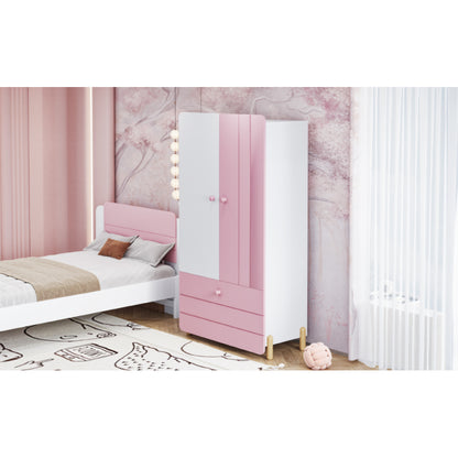 Geräumiger Kleiderschrank mit minimalistischen Linien und zarten holzfarbenen Füßen mit Staufächern, Schubladen und Kleiderbügeln, Farbblock-Design, Rosa