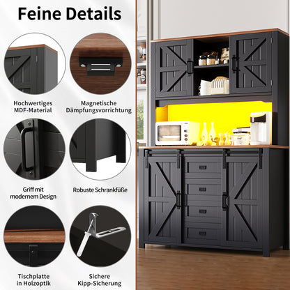 Küchenschrank 115x40x174,7cm hohes Sideboard Schwarz mit App-LED-Beleuchtung, X-Design Schiebetüren, 2 Schubladen & Magnetklappen